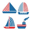 Collection with vector sailboats, yachts and ships. Simple flat illustration. Cartoon style. Classic blue and red. Graphic element